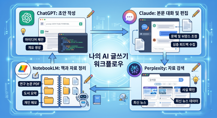 나의 AI 글쓰기 워크플로우 - AI 툴 사용 (이해를 돕기 위한 AI로 생성한 이미지입니다.)