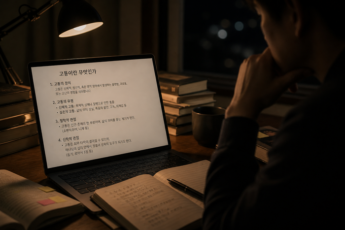 고통에 대한 탐구와 사색(이해를 돕기 위한 AI로 생성한 이미지입니다.)