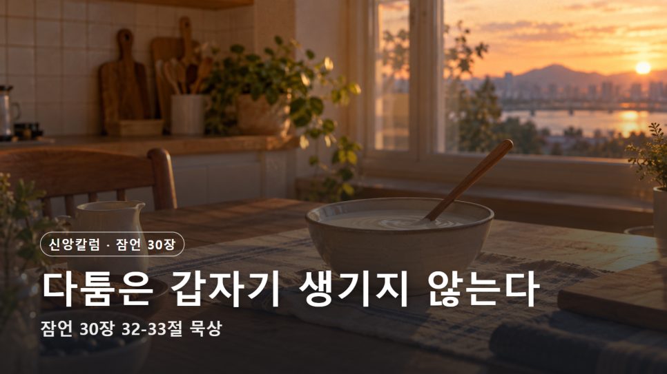 다툼은 갑자기 생기지 않는다 | 잠언 30장 32-33절 묵상 본문 이미지